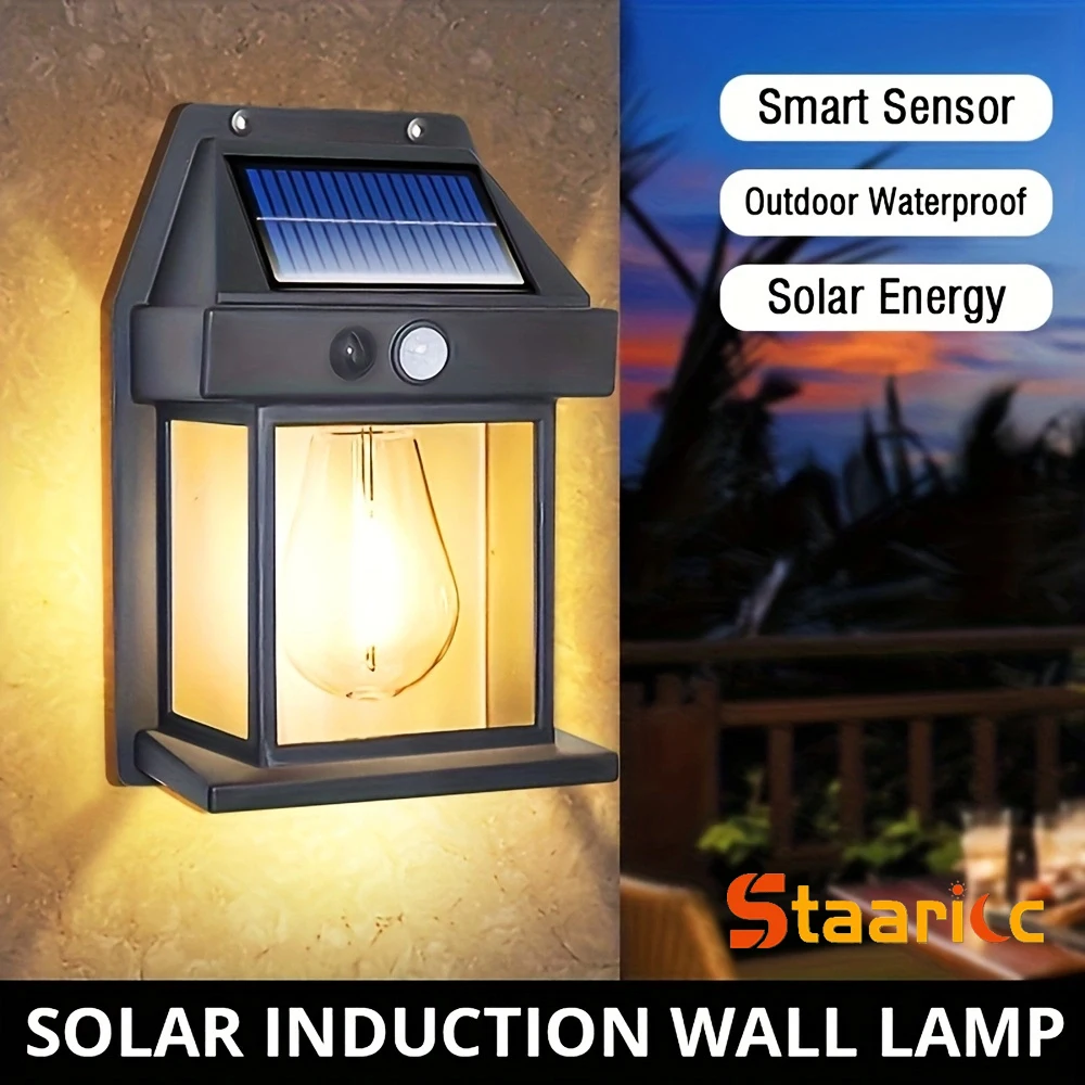 Solar Tungsten Wall Lights Outdoor Motion Sensor - 3 Modes IP65 Waterproof LED Barn Light, Auto Charging Solar Wall Sconce