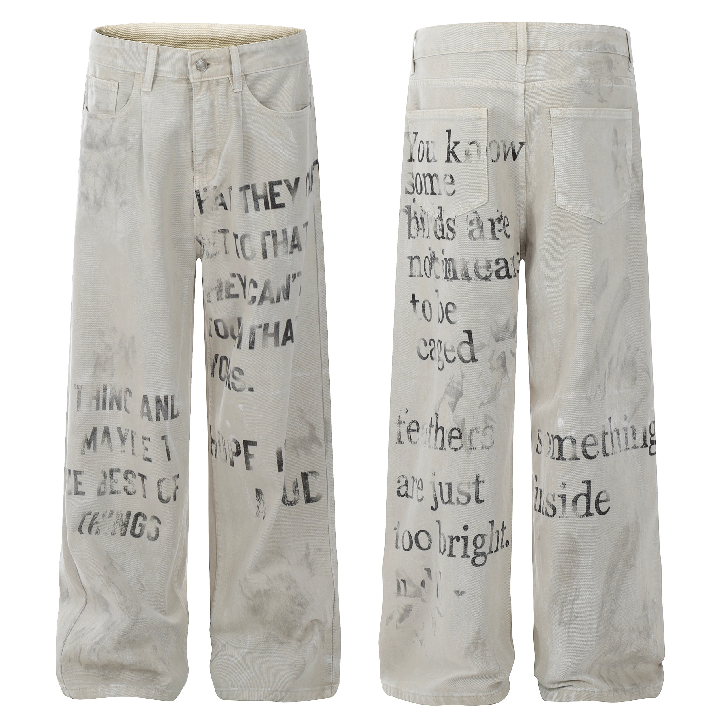 

POPDADA New trendy hot-selling letter print Jeans Men's and Women's Wide Leg Pants Hole Washed Made Old Blue White Jeans
