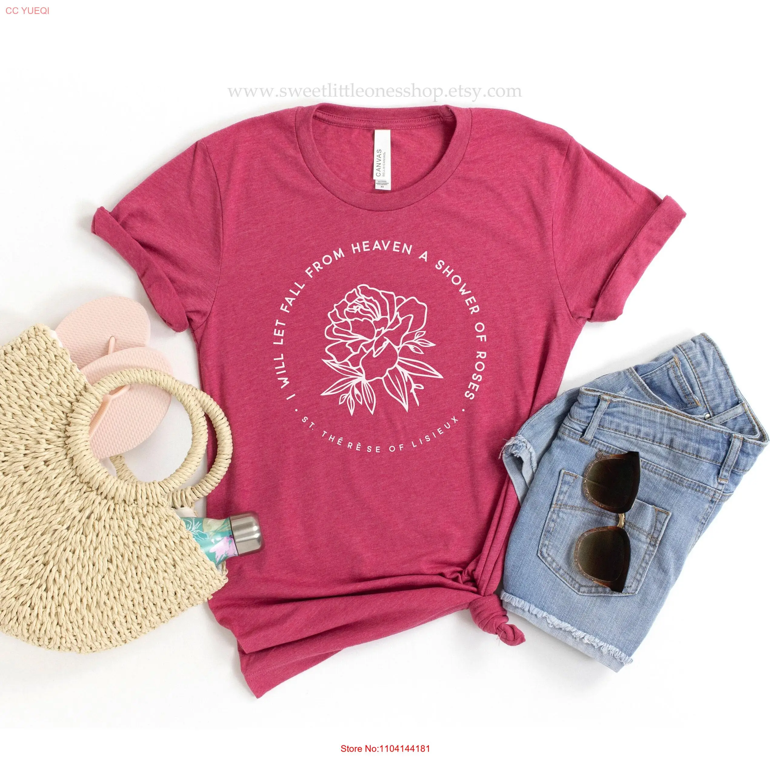 

Shower of Roses St Therese Lisieux Catholic T Shirt Let Fall Heaven Confirmation long or short sleeves