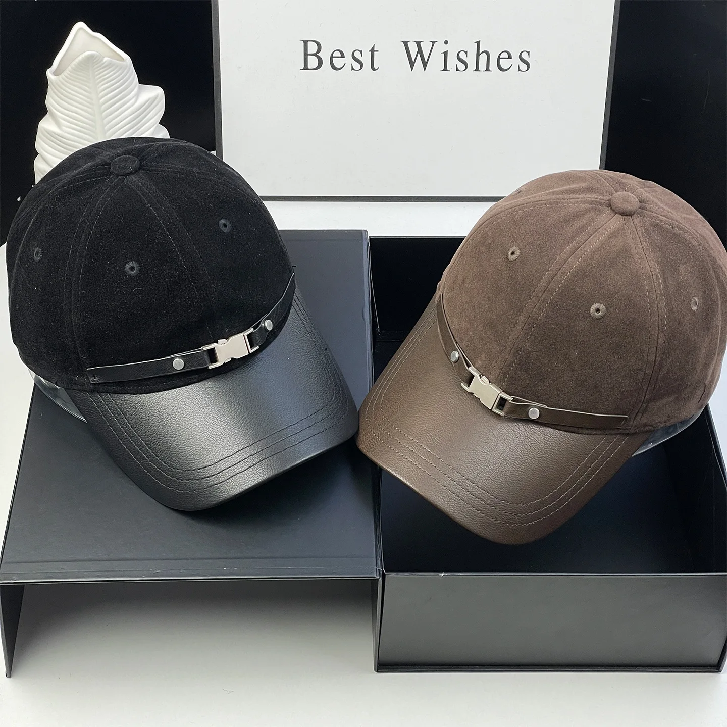 2027 Korean Men Women Versatile Retro Suede Splicing Premium Baseball Cap Women's Fashion Casual PU Brim Baseball Cap