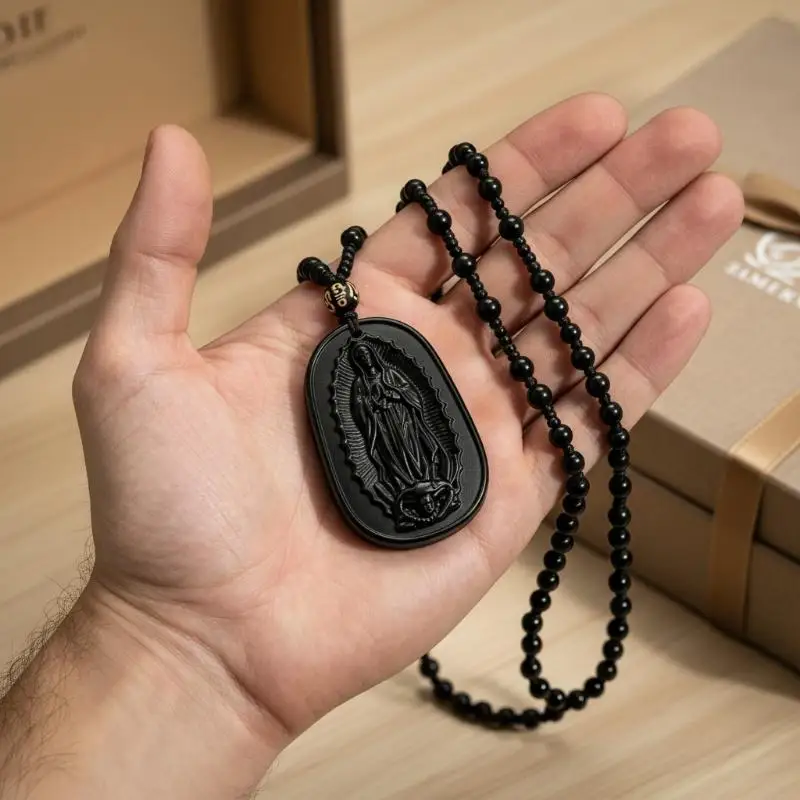 Classic Imitation Obsidian Carved Statue Pendant Necklace Long Lasting Religious Jewelry for Family Friends Gifts