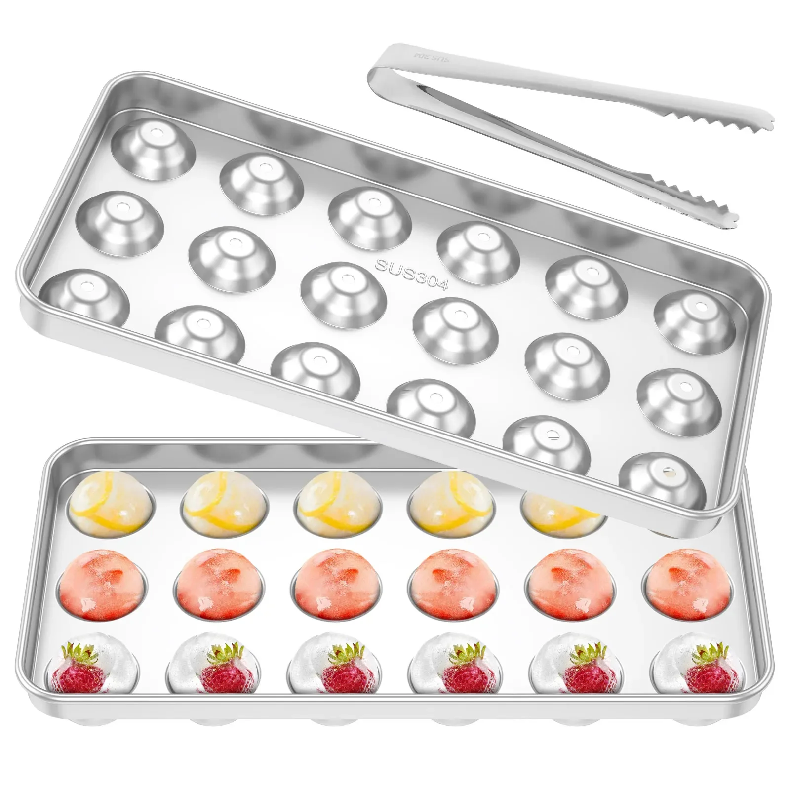 

Stainless Steel Round Ball Ice Maker Rust Resistant Metal Ice Ball Tray With Lid and Tongs for Wine Beverage Bar Restaurant