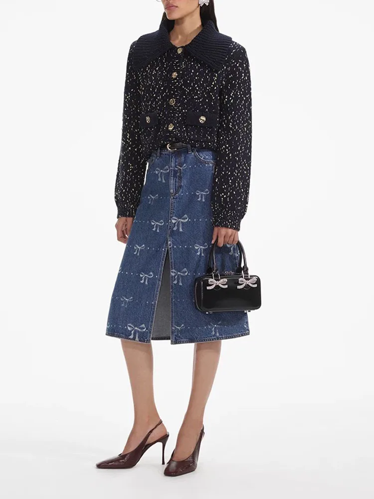 Woman clothing y2k fall and winter lapel floral knit Women coat2024 elastic waist wrap hip midi dresses two piece set for women