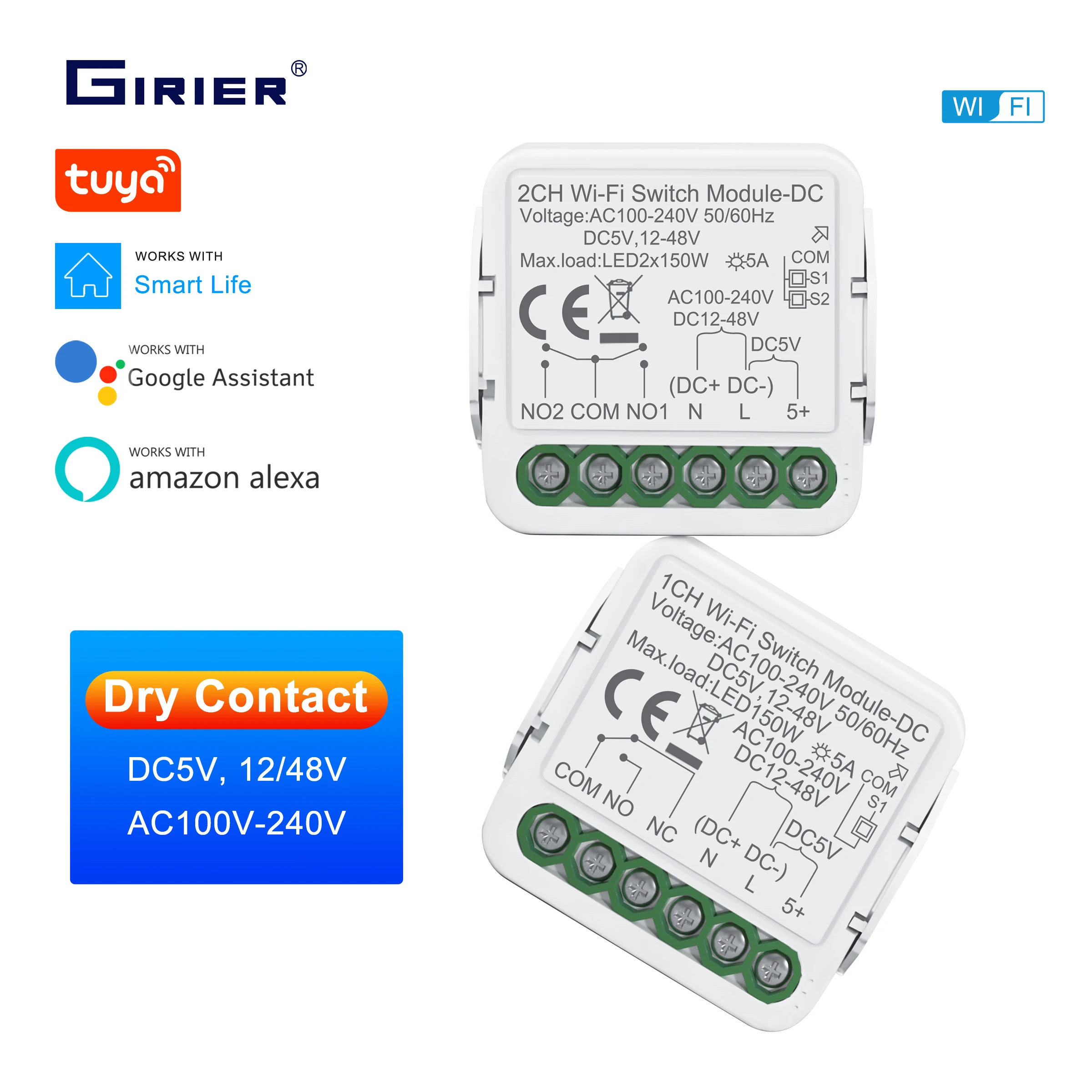 

GIRIER Tuya Smart Switch Module WiFi Dry Contact Module DC5/12-48V AC100-240V DIY Breaker Relay Work Alexa Google Home Assistant
