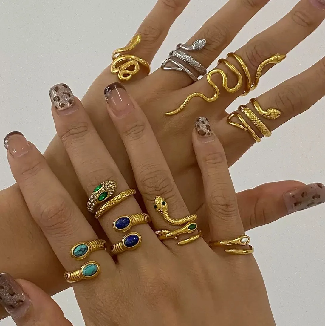Komplizierte Schlangen-Designs-Ringe für Frauen, goldfarben, Anillos, die um Finger umwickeln, Edelstahl-Schmuck, kräftiger exotischer Ring, Geschenk