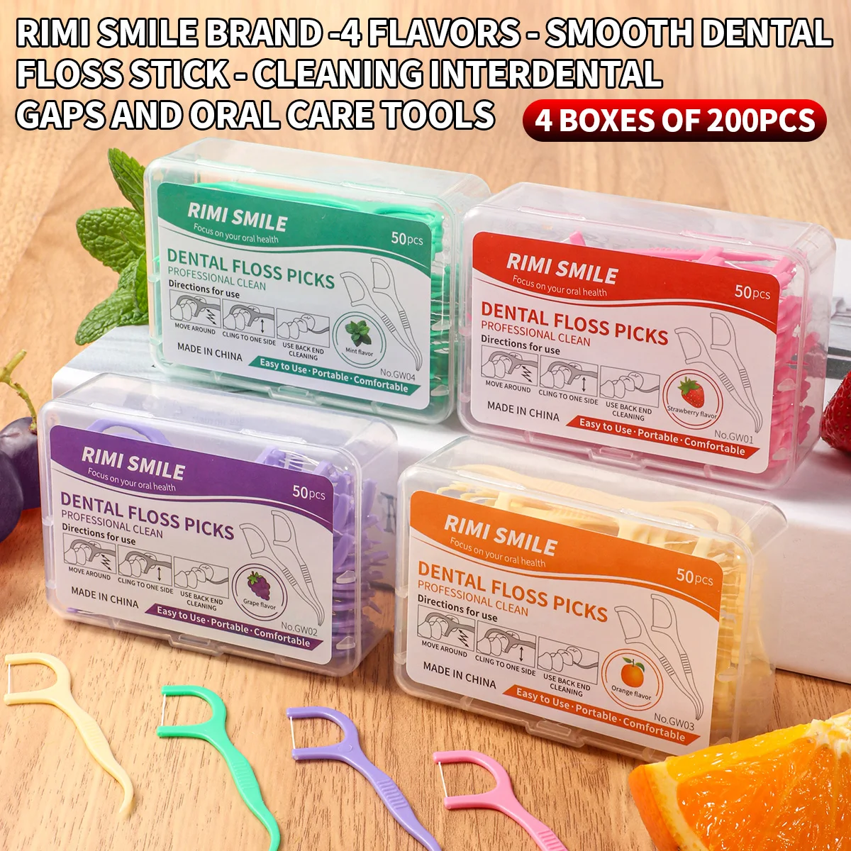 

Портативные зубочистки RIMI SMILE в коробке, 200 штук, 4 разных вкуса, высокопрочные, ультрагладкие, для межзубной чистки