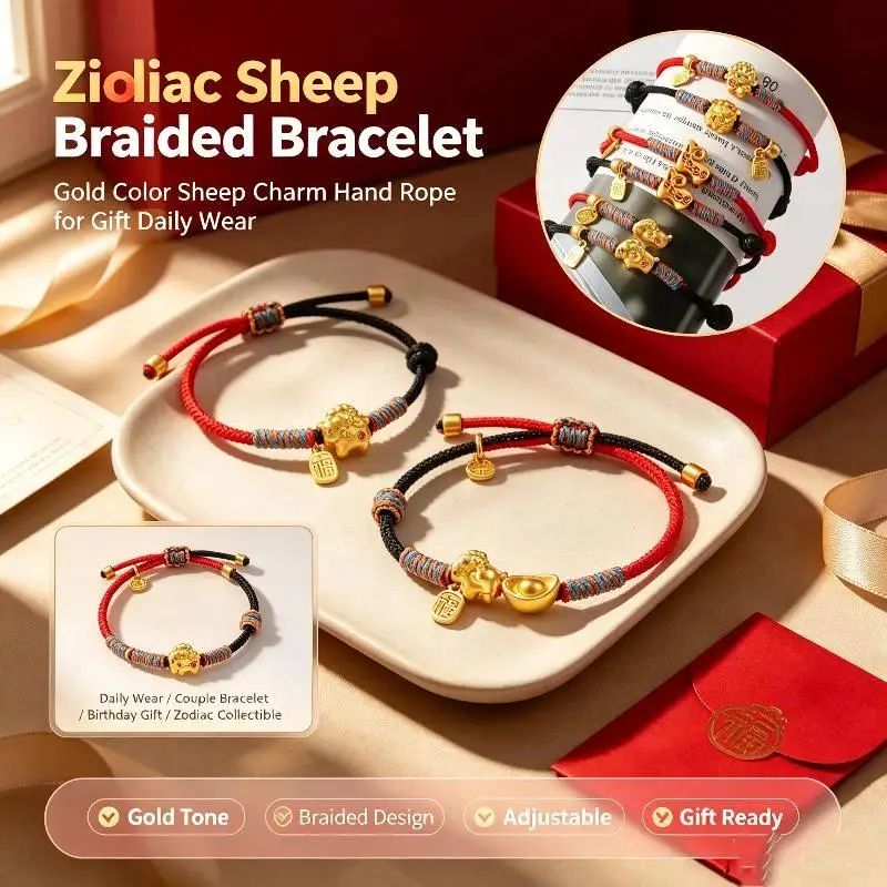 Adjustable Zodiac Goat Braided Bracelet Gold Plated Charm  Braided Rope Bracelet  Chinese Style Beads Womens New