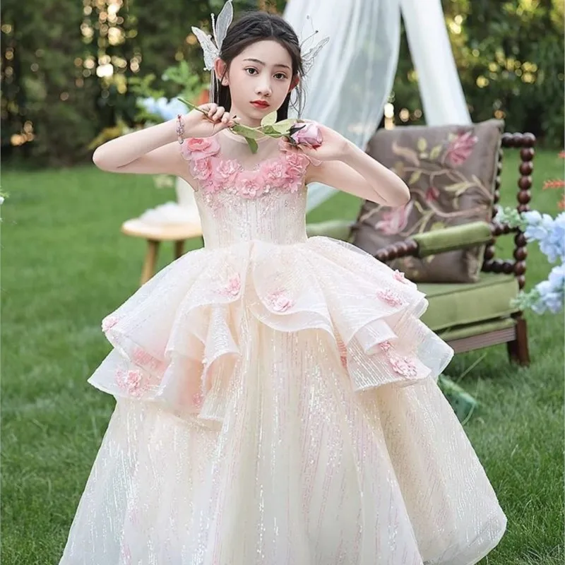 2025 New Arrival Cute Pink Host Dress for Girls Kids' Princess Birthday Children's Summer Piano Performance Dress For Gift LH195