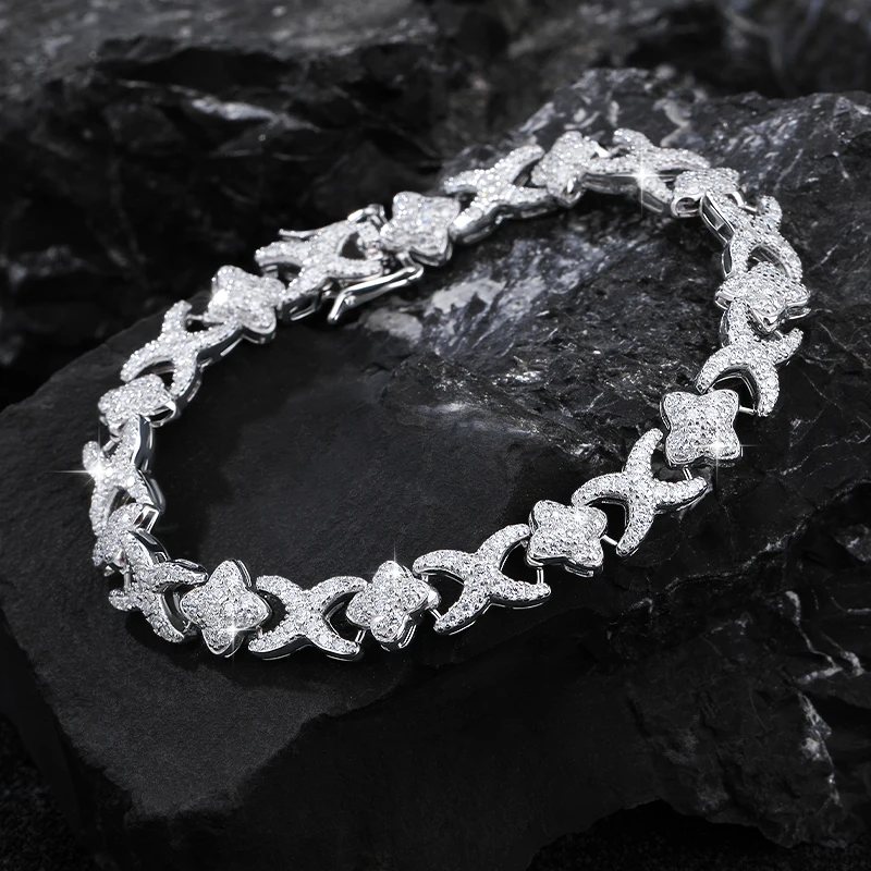 

Infinity X Four Leaf Clover Flower Link Bracelet 925 Sterling Silver Inlay Full Moissanite Iced Out Bracelet for Men and Women