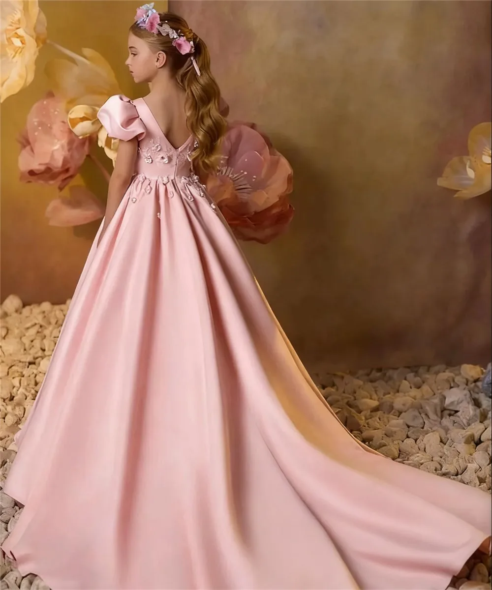 

Luxury Princess Flower Girl Wedding Dress Customized Short Sleeves Round Neck Appliques Flower Beading Kids Birthday Party Gown