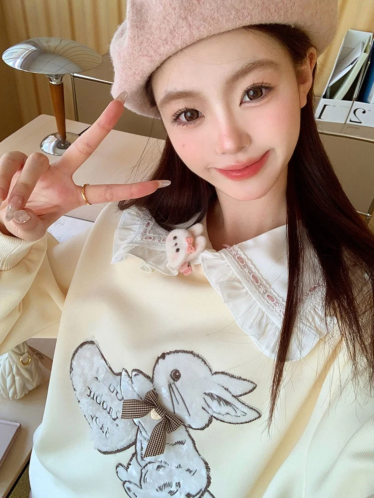 

Весенне-осенний свитшот с вышивкой кролика, длинными рукавами и круглым вырезом, женский, новый, милый, высокого качества, с хлопковой подкладкой