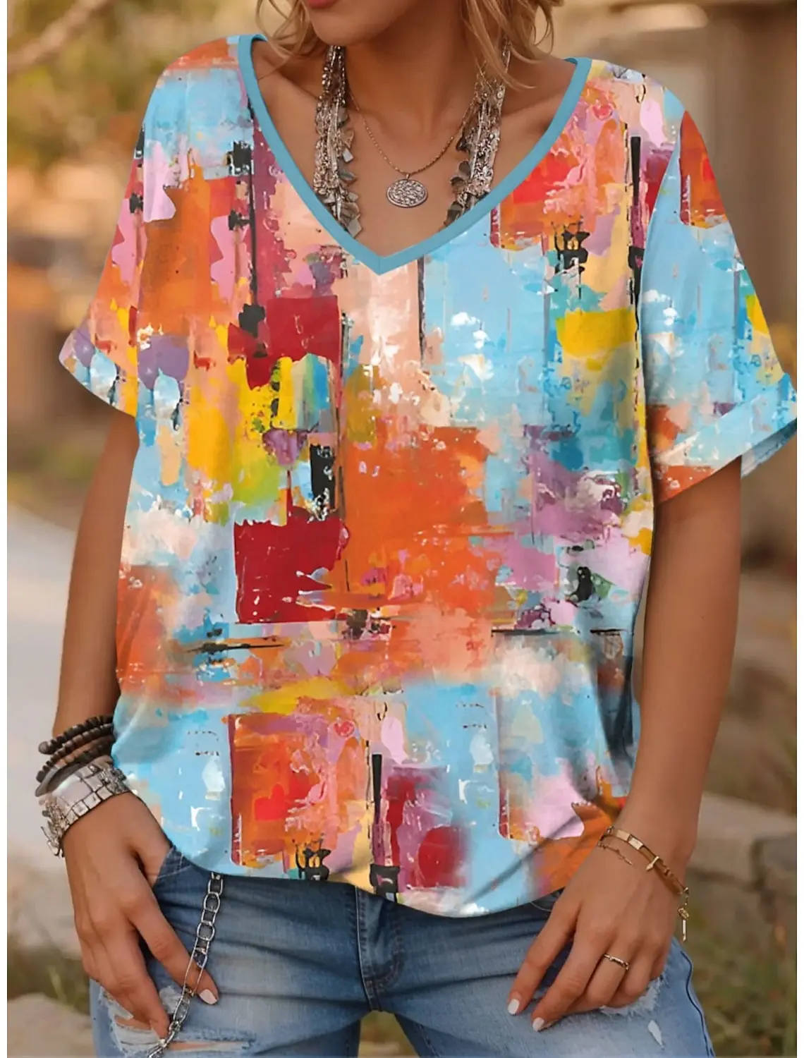 

Women's T-Shirts Geometric Color Blocks Graphics Fashion Short Sleeved V-Neck Regular Tops Daily Prints Tee Summer Casual Tops