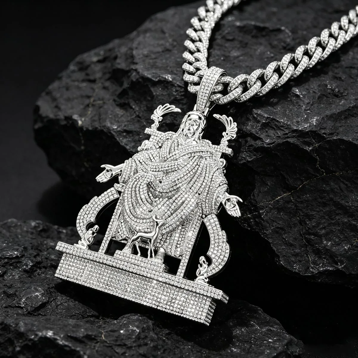 18K Gold Plated Oversized Hip Hop 3D Religious Figure Charm With Deer Angel Details Bling Statement Necklace Accessory For Rapper Street Men Women Gift Party Club Daily Wear Fully Micro Paved Shiny Cubic Zirconia Iced Out Enthroned Jesus Christ Pendant
