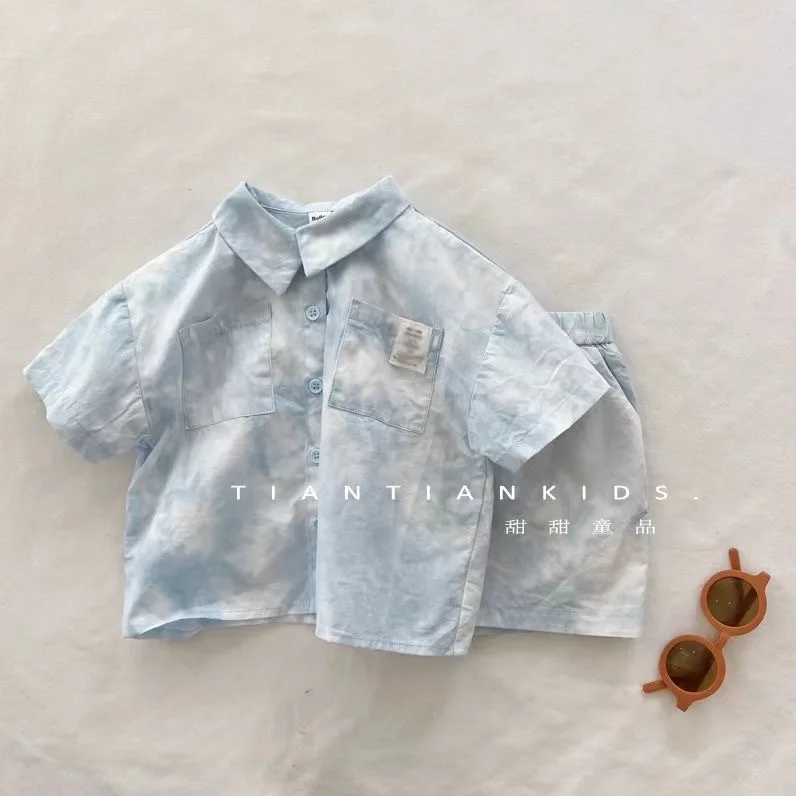 Boys' Shirt Summer Suit New Korean Handsome and Fashionable Children's Tie-dye Short-sleeved Shirt and Shorts Two-piece Set