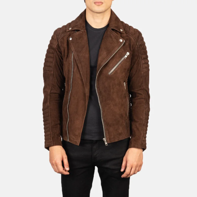 

Men's Brown Suede Leather Jacket Quilted Biker Real Lambskin Suede Jacket 231