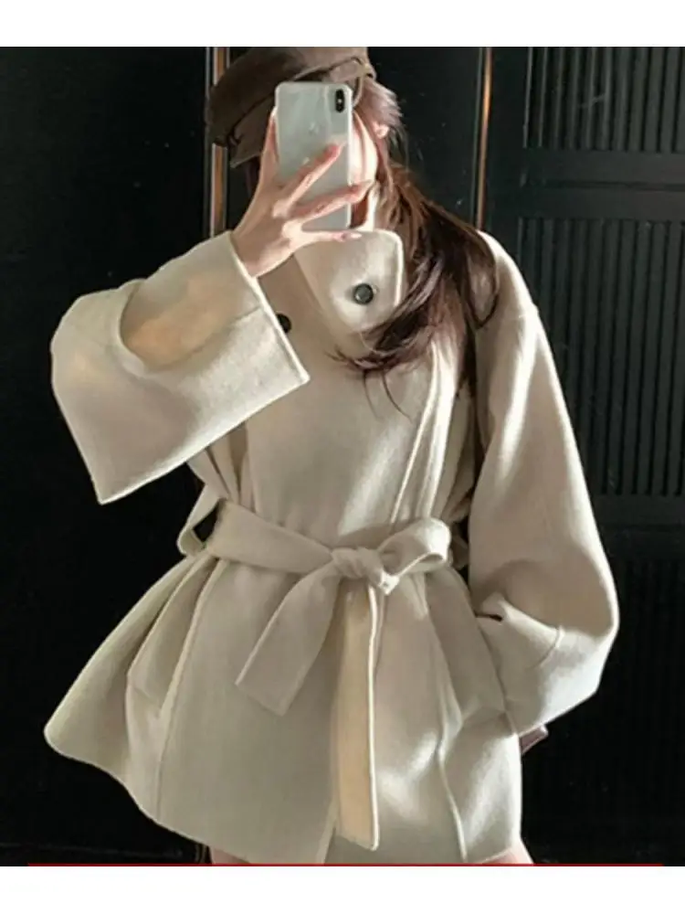 

Office Lady Short Alpaca Woolen Jackets 2025 Winter Elegant Stand Collar Double-Sided Lace-Up Loose Women's Wool Coats