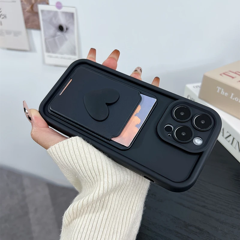 3d amor coração cartão saco slot titular bolso caso para iphone 16 15 14 13 12 11 17 pro max xs x 7 8 plus capa de silicone à prova de choque