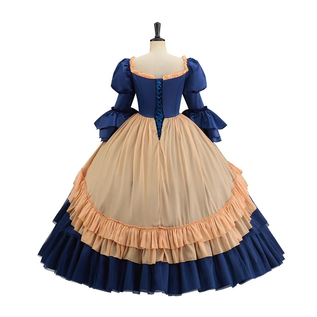 Vestido largo victoriano con bullicio, vestido de corte azul oscuro, disfraz de princesa real renacentista, disfraz Medieval británico para mujer