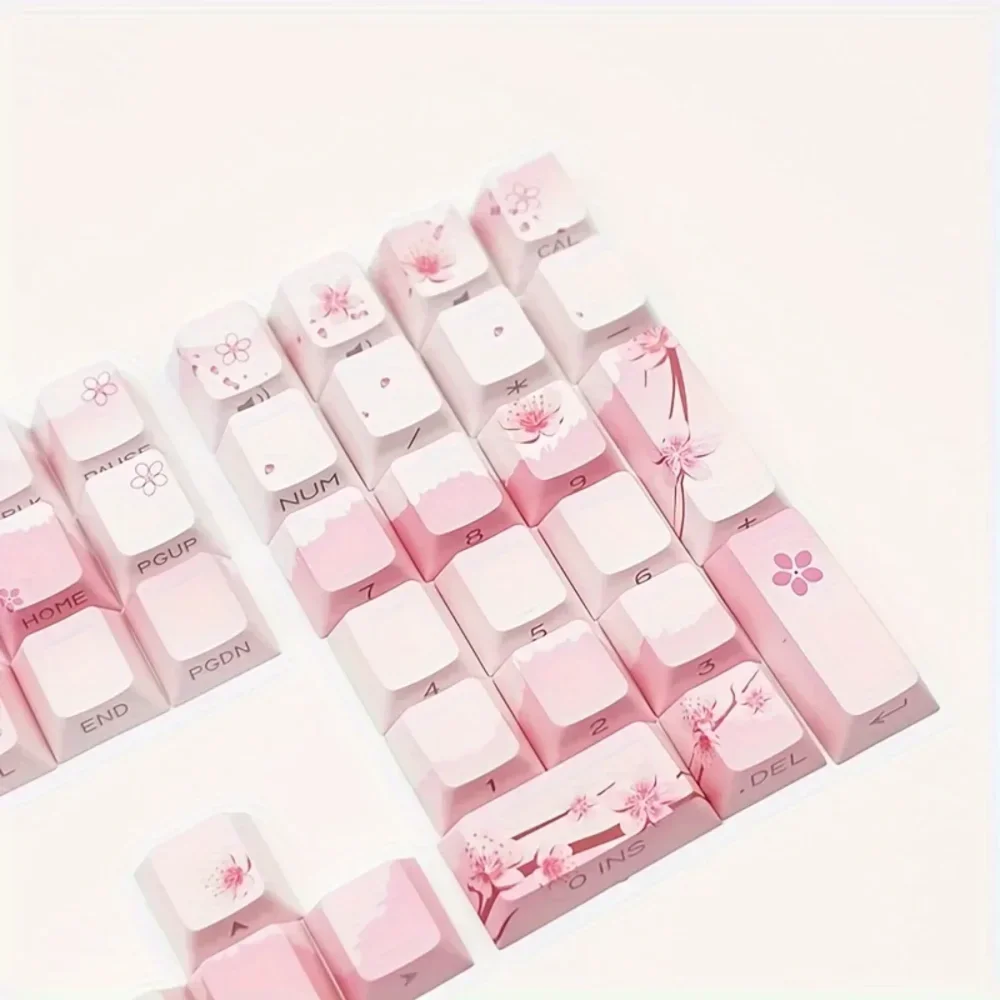 GEFENSI Cherry Blossom Pink Mechanical Keyboard Keycap 128 Keys, Cherry, Side Engraving, Illuminated PBT Material, Cute Girl