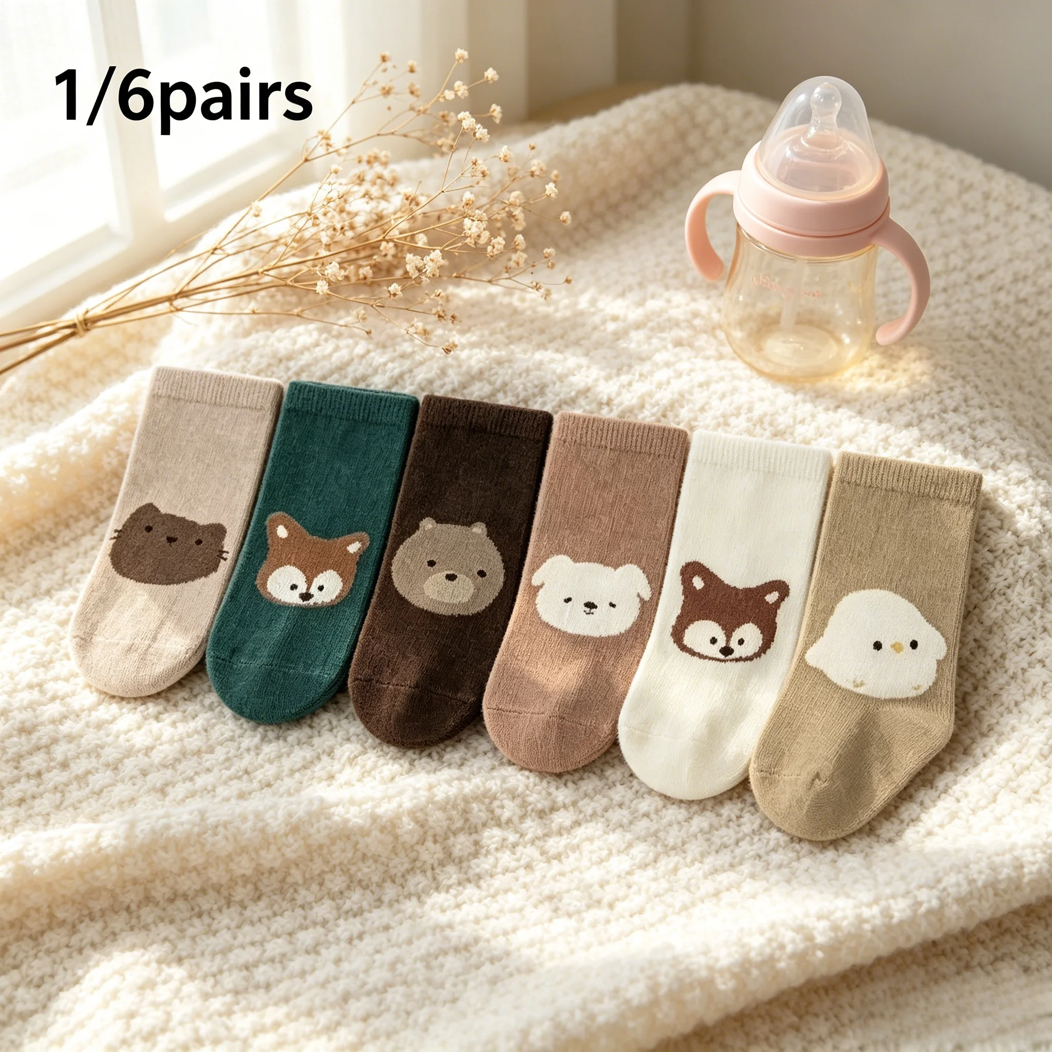 1/6 Pairs Cute Cartoon Animal Baby Cotton Socks, All Season Indoor Wear Non-slip Silicone Dot Toddler Floor Socks