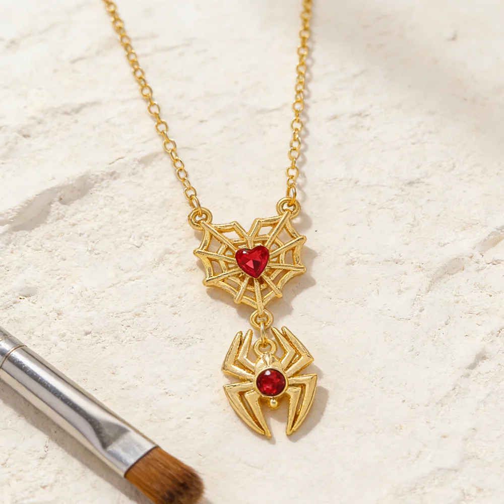 Spider Web Heart Rhinestone Pendant Necklace Spider Dangle Charm Statement Jewelry Unique Gift for Alternative Style Lovers