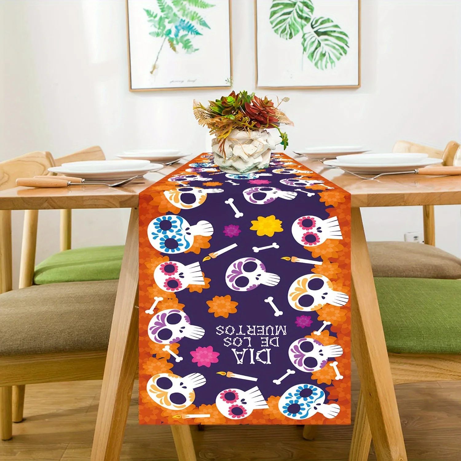 Mexican Holiday Table Runner, Dia De Los Muertos Sugar Skull Floral Art Print, Halloween Party Dining Decor