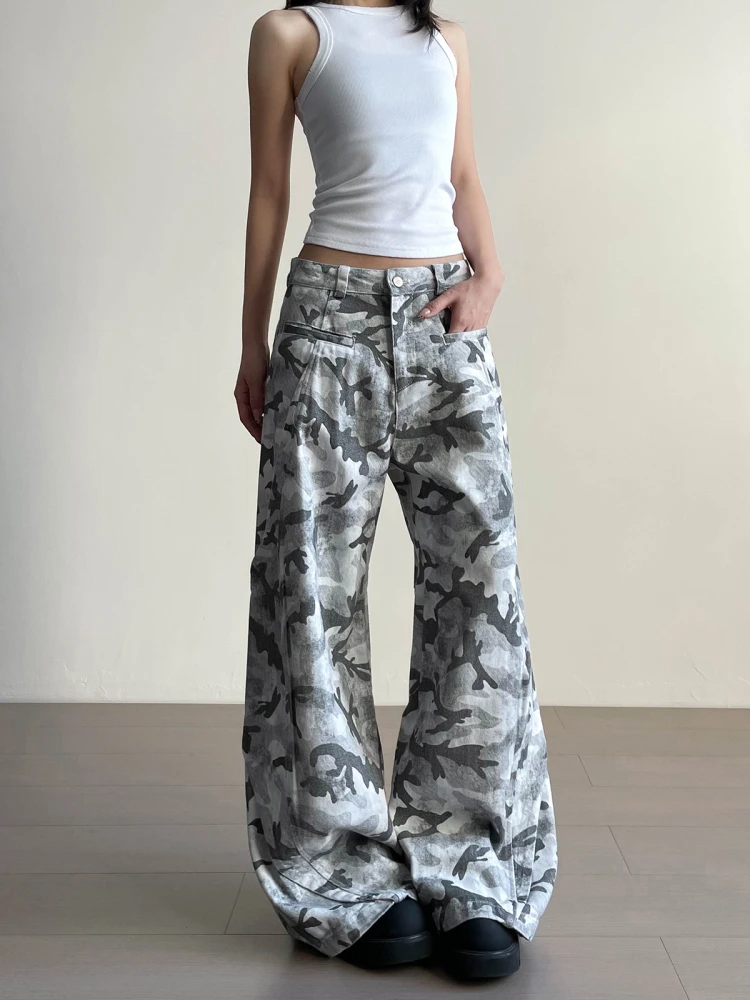 

American Retro Cleanfit Straight Leg Camouflage Pants Unisex Streetwear High Waist Loose Fit Long Trousers Trendy Jeans