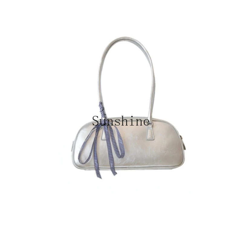 

Ballet style bow portable underarm bag new trendy niche silver shoulder bag