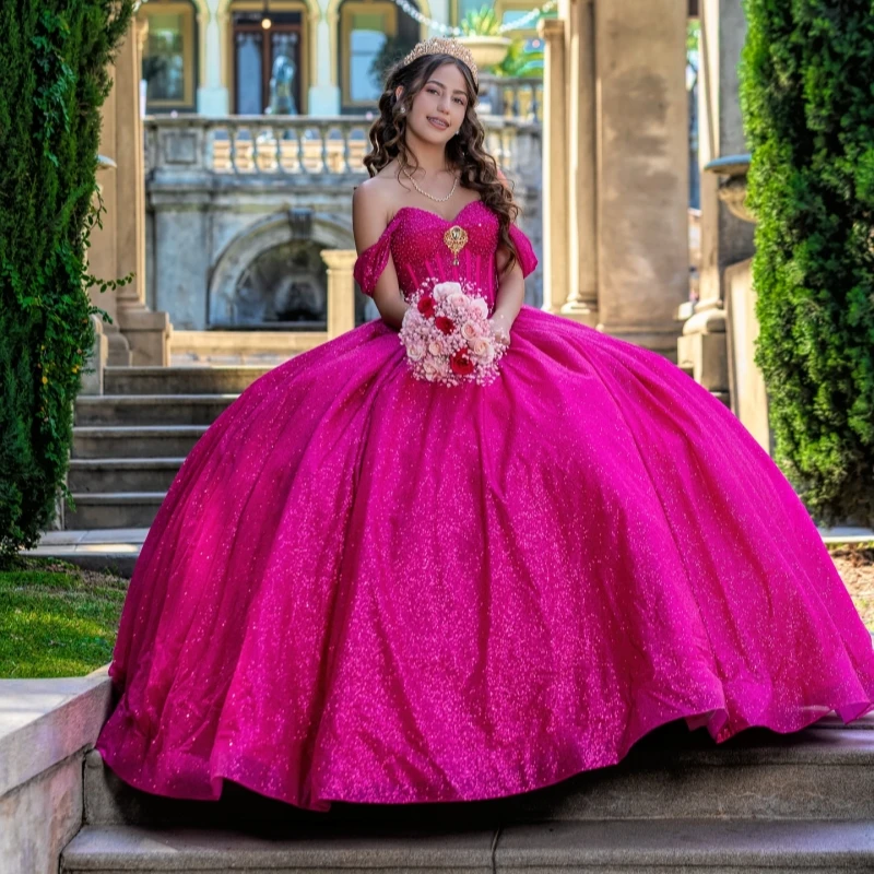 

Rose Red Shiny Quinceanera Dresses Off The Shoulder Beading Crystal Bow Tull Party Birthday Sweet 16 Dress Vestidos De 15 Anos