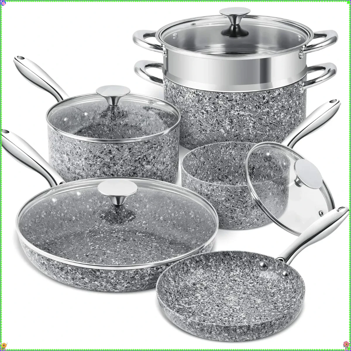 

Набор посуды с антипригарным покрытием из камня, 10 предметов, с гранитной отделкой, без PFOA, безопасного в духовке и устойчивым к царапинам антипригарным покрытием