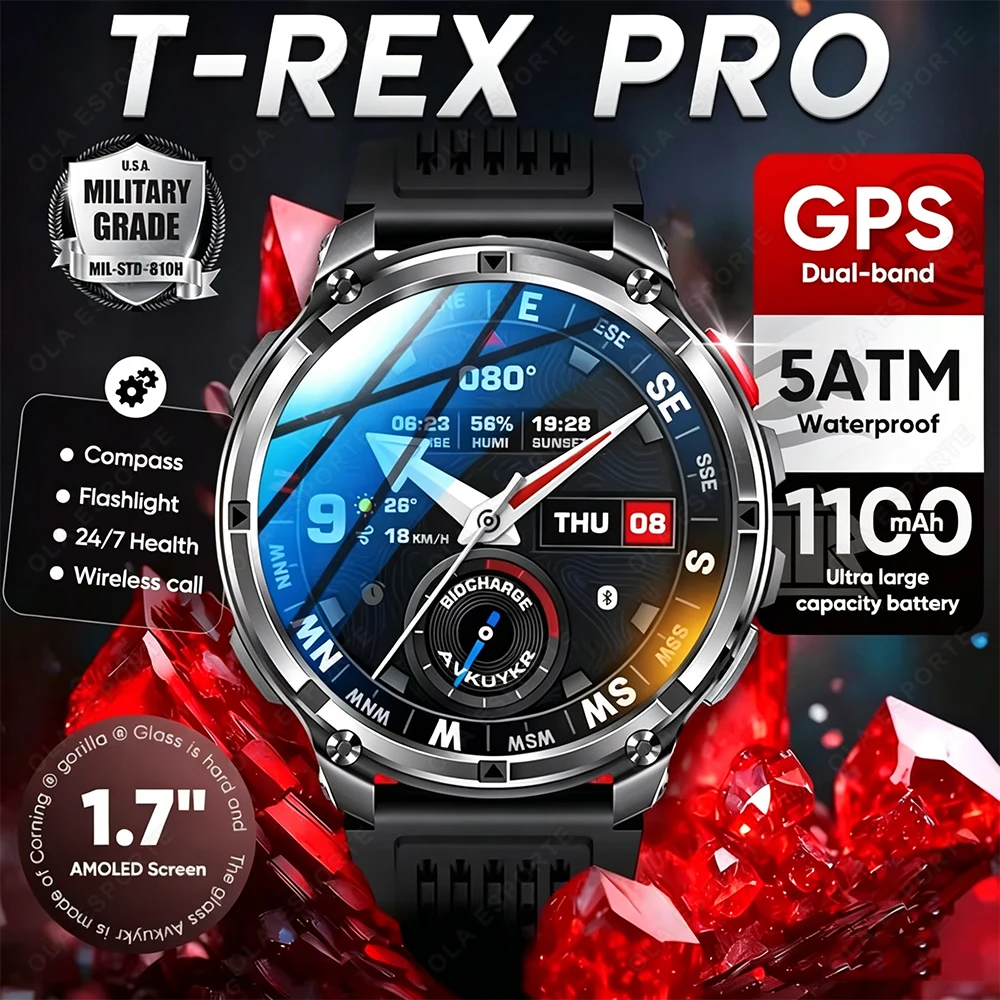 

Новые смарт-часы T-Rex3 2026 года с аккумулятором 1100 мАч, GPS-трекером, водонепроницаемостью 5ATM, отслеживанием спортивных показателей, компасом для активного отдыха, военные смарт-часы HW12