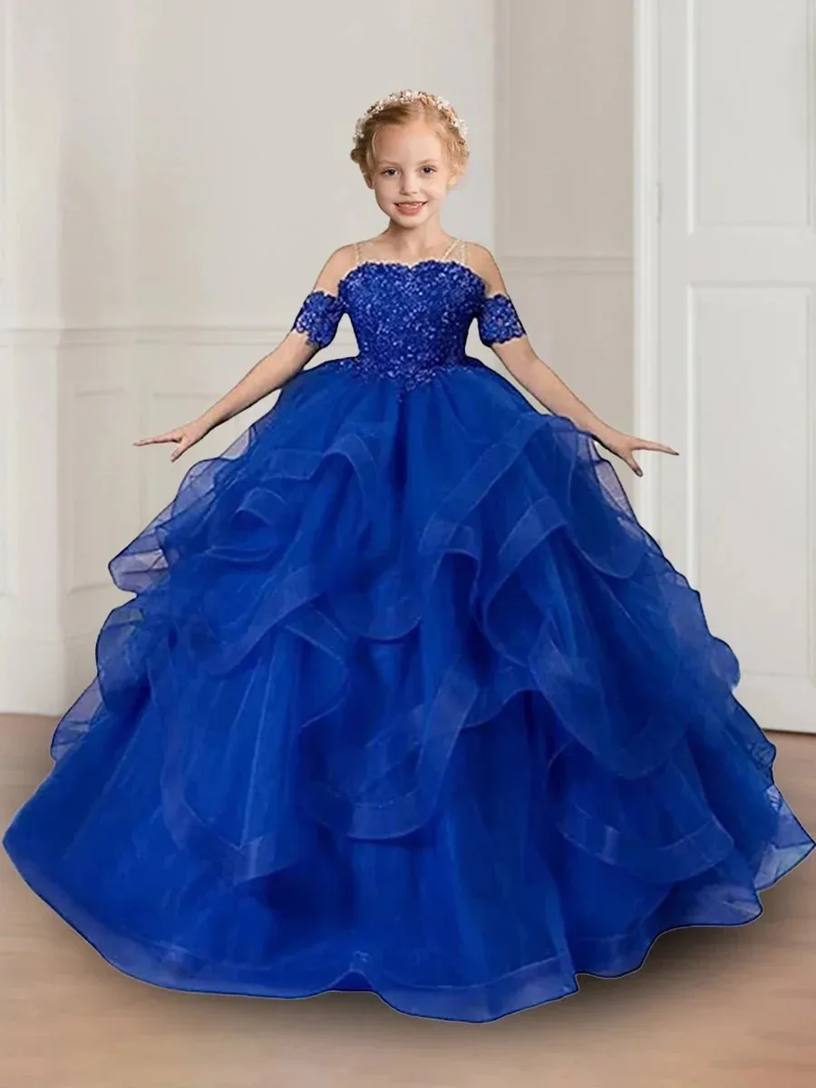 Luxurious Royal pleated mesh flower girl dress, multi-layer sheer puffy dress, girls' floor length dress, ball birthday party