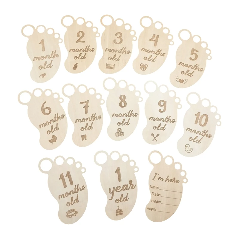 

13 Pcs/Set Baby Wooden Cards Newborn Memorial Cards Baby Feets Shaped Monthly Recording Birth Anniversary Cards Gifts for Baby