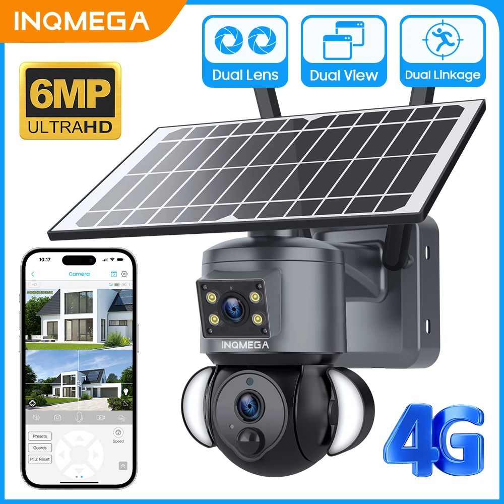 inqmega camera de seguranca do painel solar lente dupla pir cctv 4g sim zoom 12x wifi 6w 6mp 01