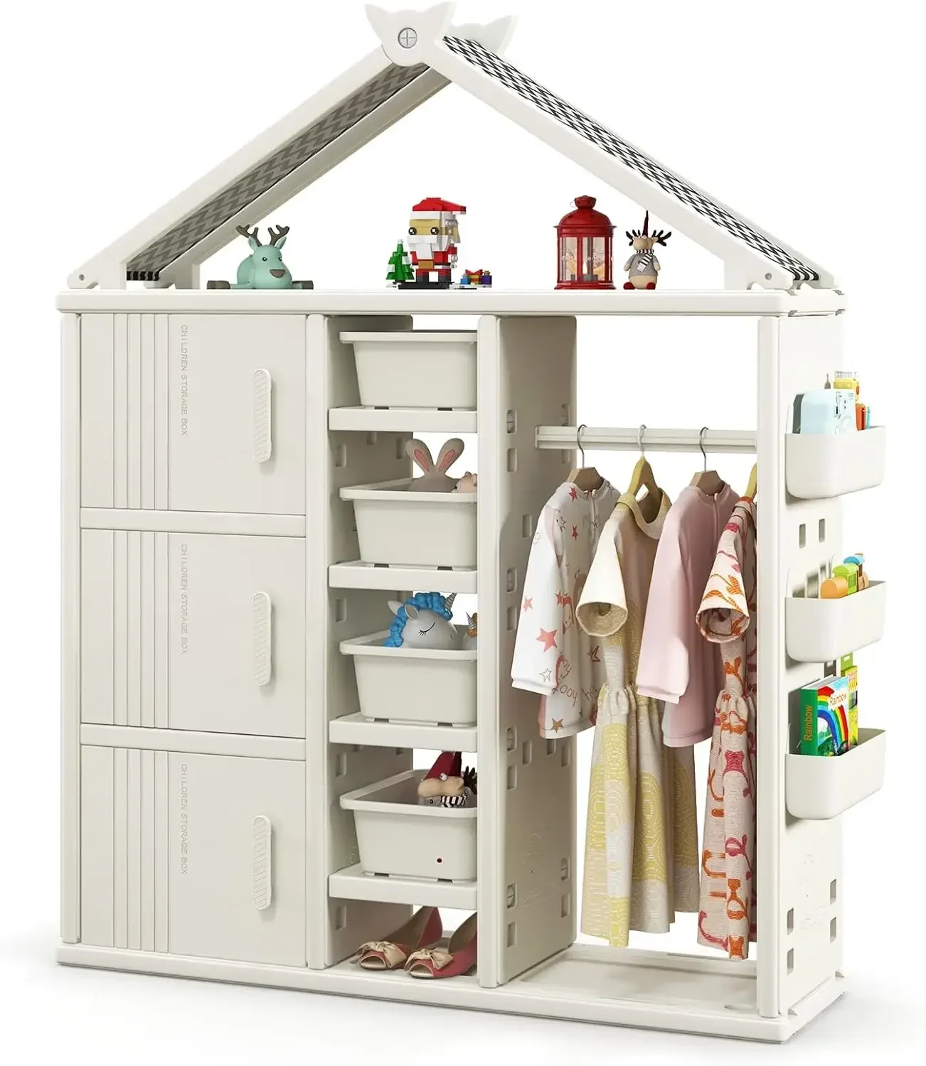 Kids Costume Storage Closet, Children Pretend Dresser Wardrobe, Open Hanging Armoire Closet with Storage Bins, Shelves, Side Bas