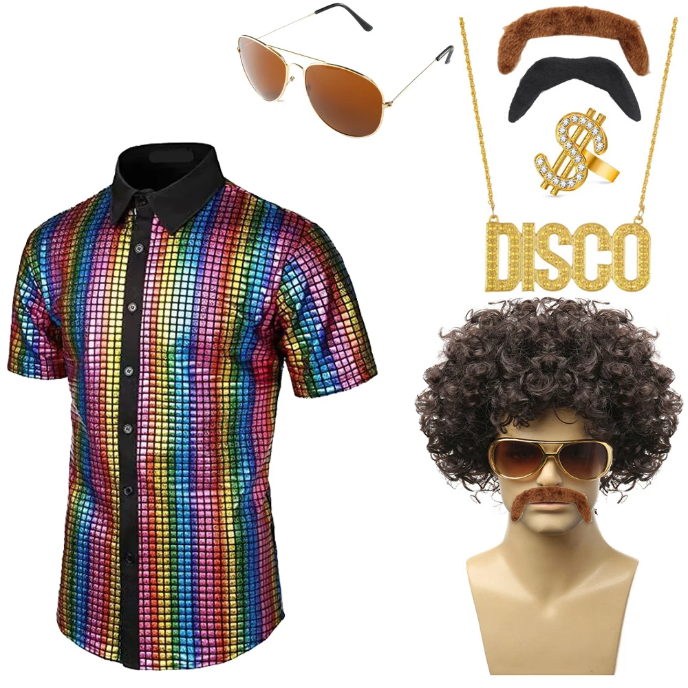 7 Stück Herren 70er Jahre Disco Kostüm 70er Jahre Hippie Kostüm einschl ießlich Pailletten Kurzarm glänzende Hemden Gold Halskette funky Sonnenbrille