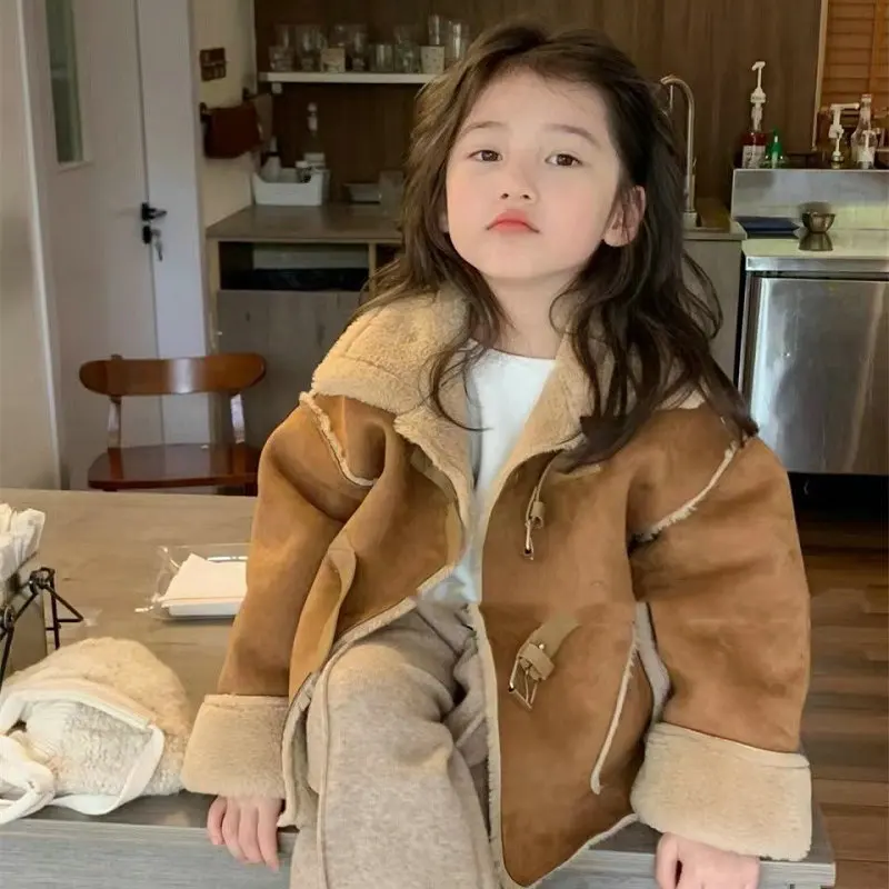 RAISE Winter Children Girls Suede Jackets Vintage Turtleneck Toddler Kids Girls Integrated Outerwear Thick Warm Babys Girls Coat 2