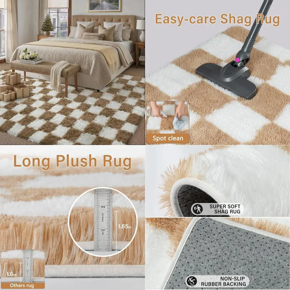 

6x9 Beige & White Checkered Shag Rug, Washable Non-Slip, Plush Living Room Carpet, Modern Aesthetic for Home Decor