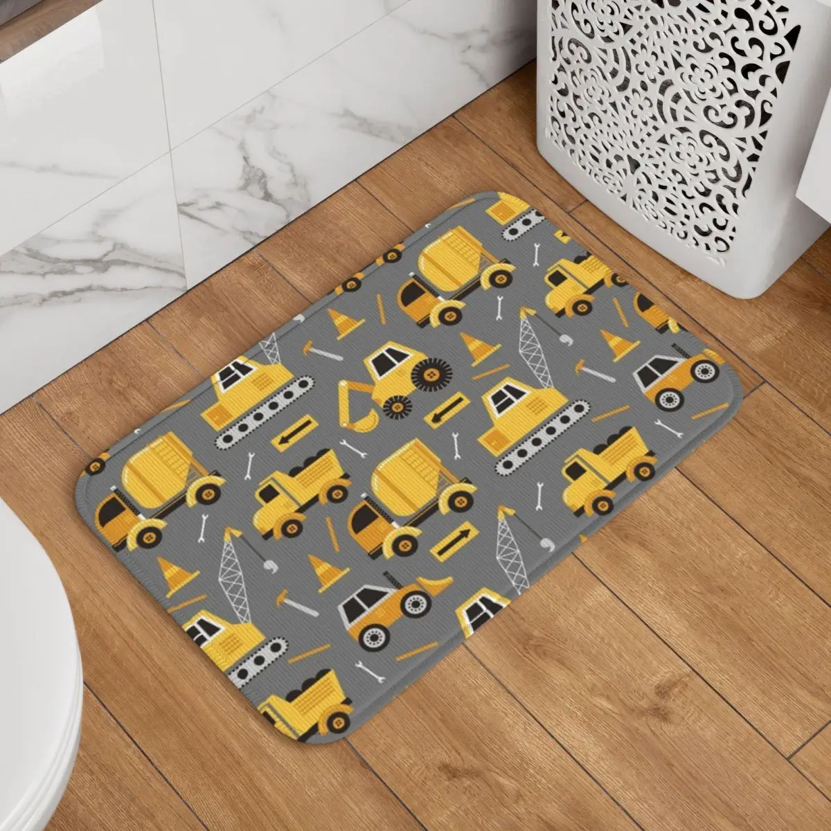 Construction Trucks On Gray Doormat Kitchen Entrance Home Floor Mat Non-slip Carpet Rug for Bedroom Footpad Mats