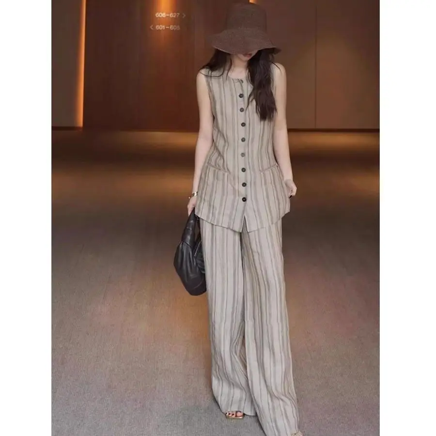 

Новый модный винтажный комплект из двух предметов, женский элегантный полосатый однобортный жилет без рукавов + широкие брюки, повседневный спортивный костюм