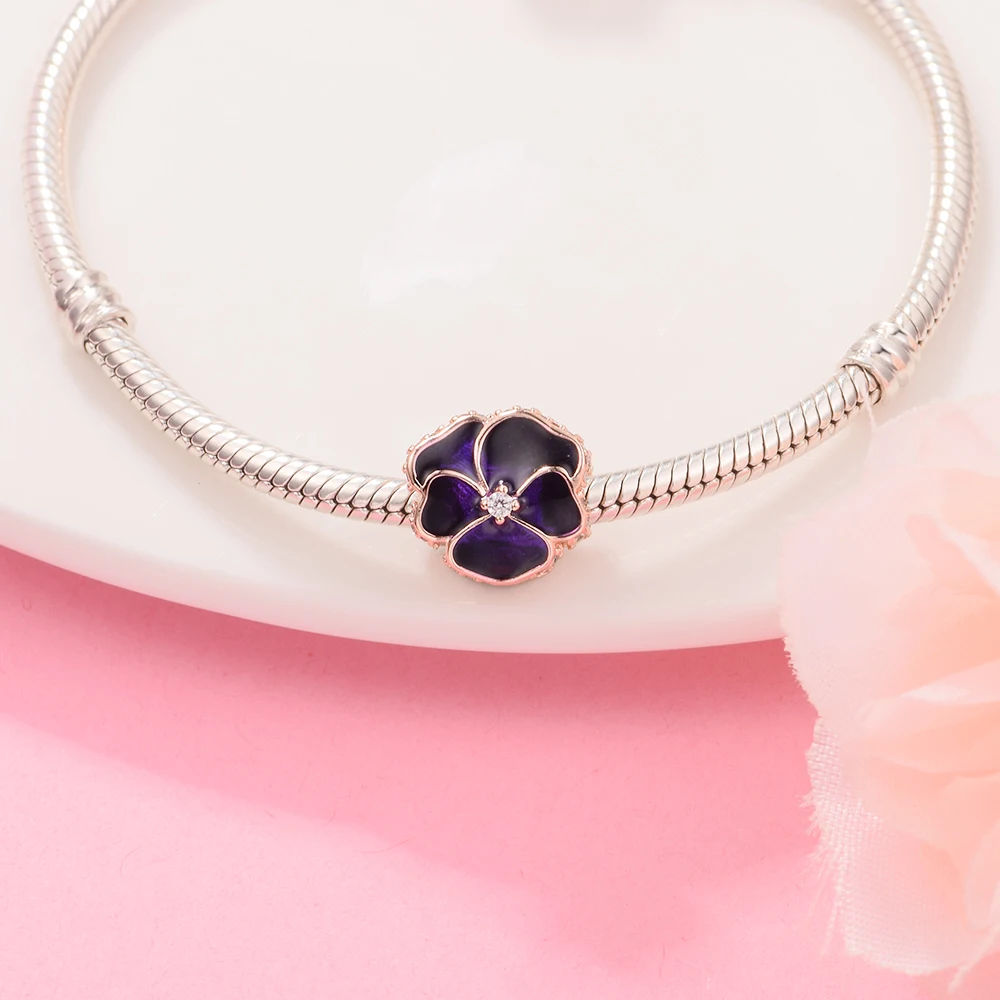 Deep Purple Pansy Flower Charm 2022 Spring Fits Beaded Charms Bracelets Fashion Women DIY 925 Sterling Silver Jewelry