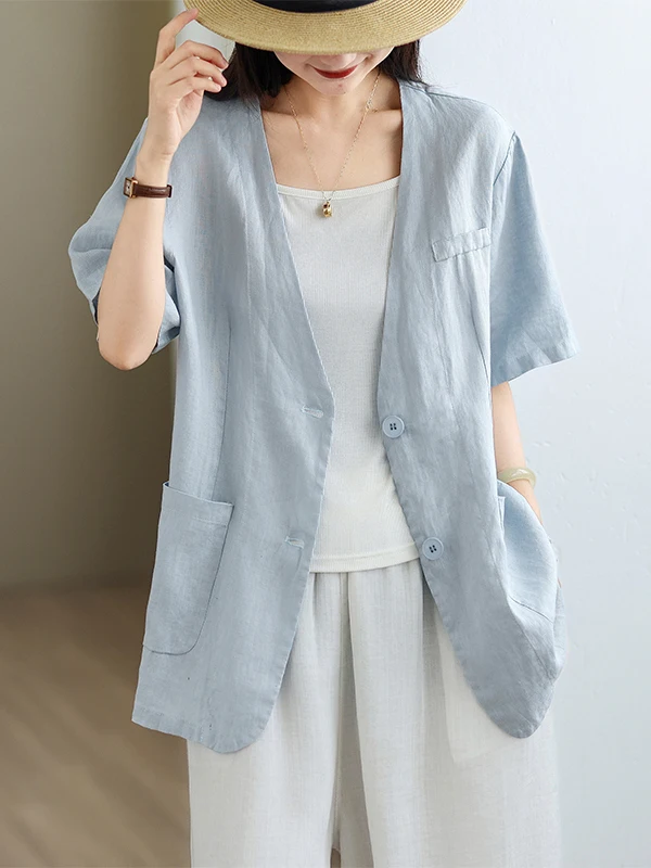 

Retro Artistic Cotton Linen Short Sleeve Suit Jacket Women's Summer Lightweight Single Button Open Cardigan Outer Shirt Top