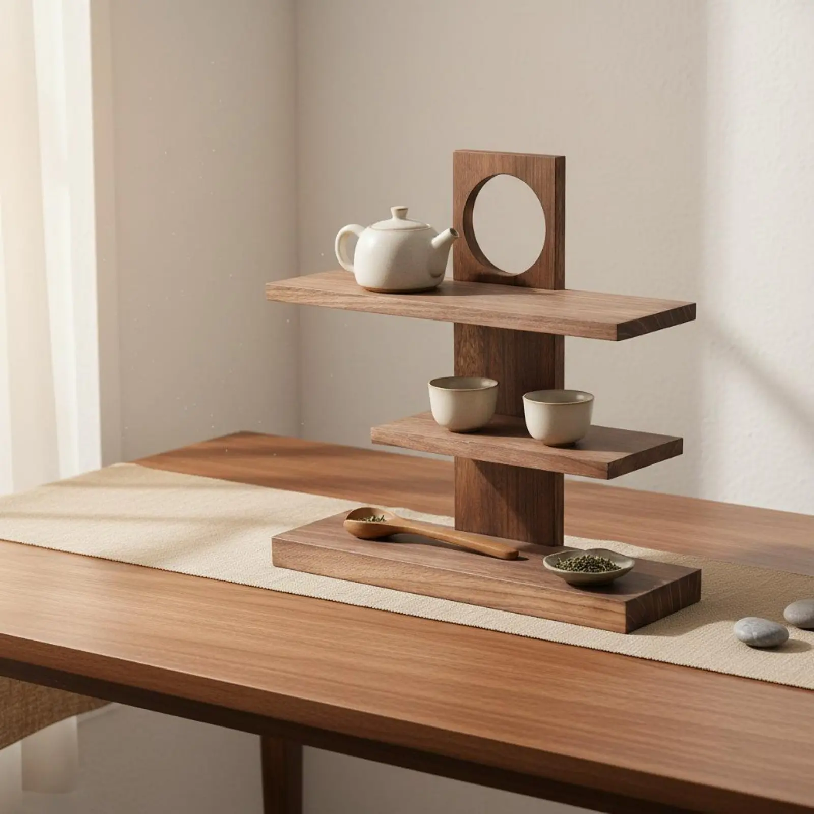Multi-Tier Tea Set Display Rack Strong Load-Bearing Chinese Design Curio Shelf Wooden Desktop Organizer Easy Installation