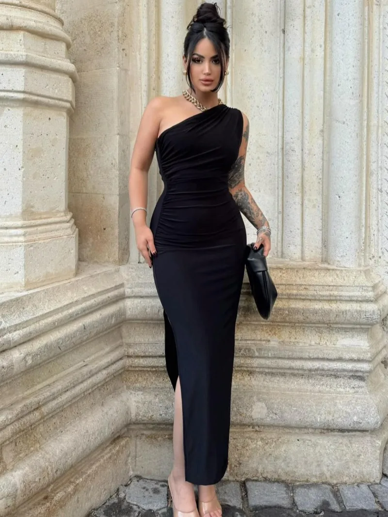 

Fashion One Shoulder Sleeveless Irregular Long Dresses 2024 Woman Clothes Diagonal Collar Tunics Slit Black Evening Party Dress