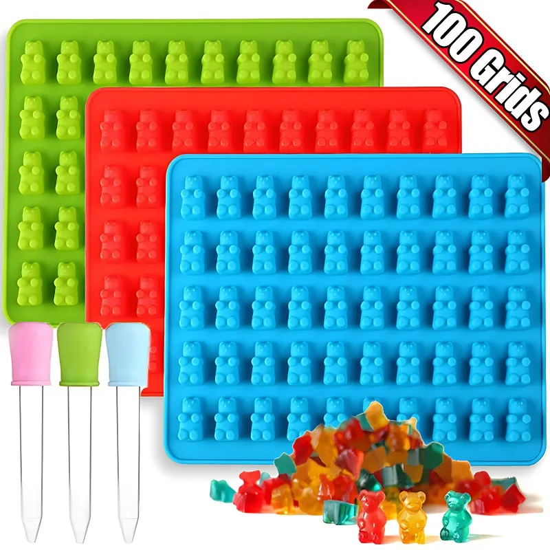 100/50x Gummy Bear Mold Summer Ice Silicone Molds Candy Jelly Chocolate Mould with Dropper Fondant Mold DIY Baking Kitchen Tool