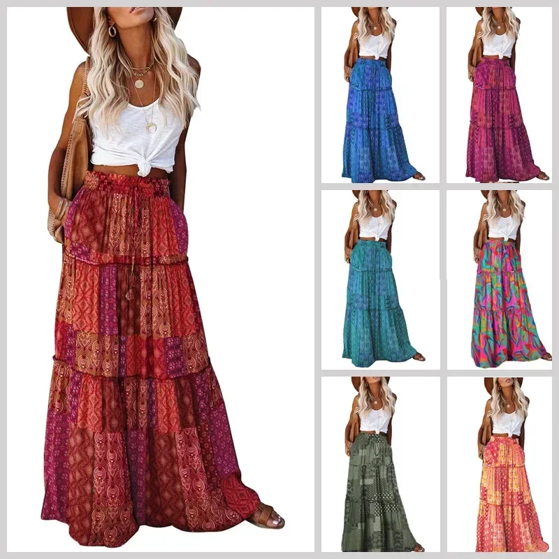 Etnische Stijl Vintage Lange Rok Vrouwen Zomer Losse Strand Dames Jupe Casual Faldas Hoge Taille Maxi Bohemian Rokken Vrouw Kleding