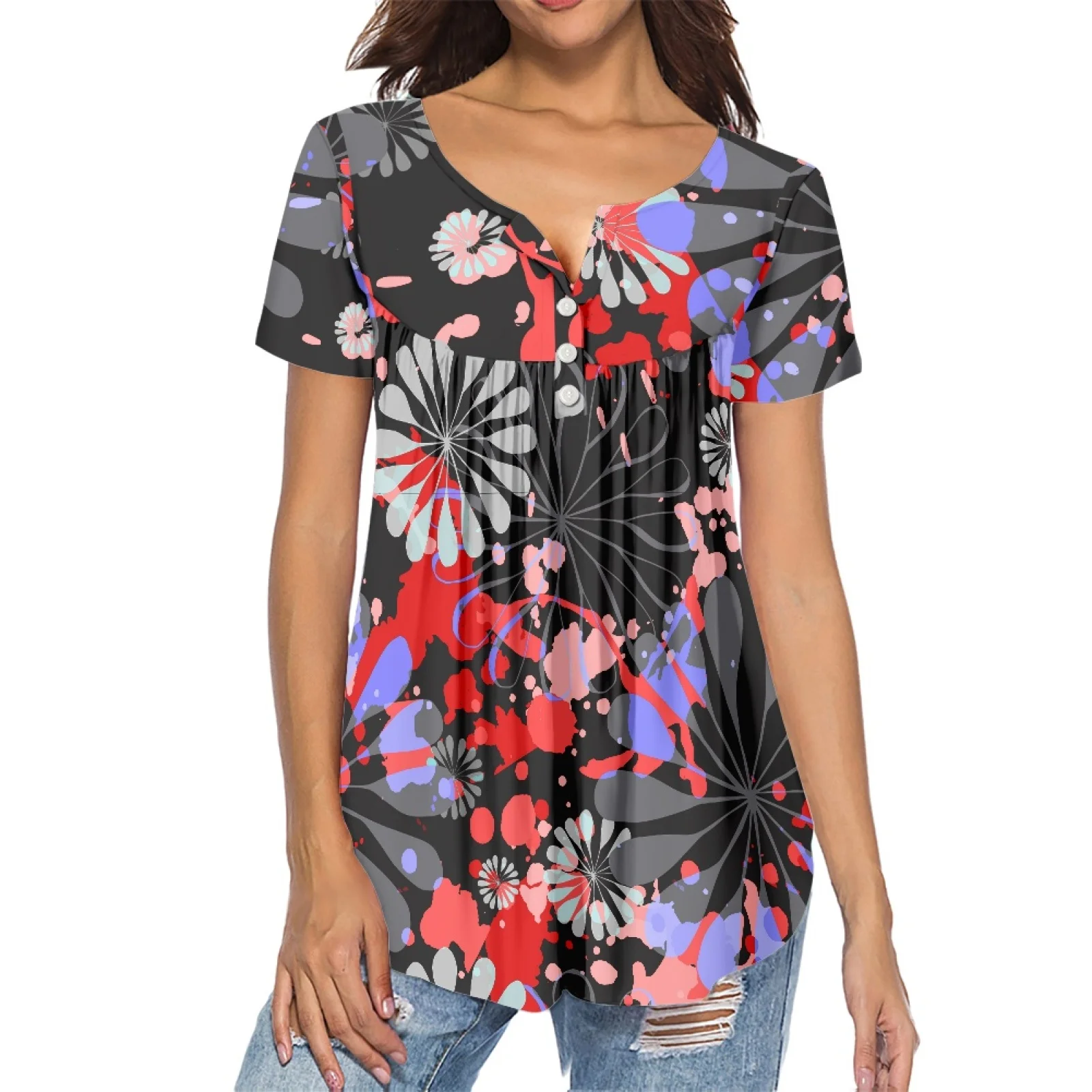 Tradition Tribal Fashion Spring Summer Samoa Hawaii Women Pleated Buckle Shirt  Crop Top Style Sexy Charming Girl V-neck Tops