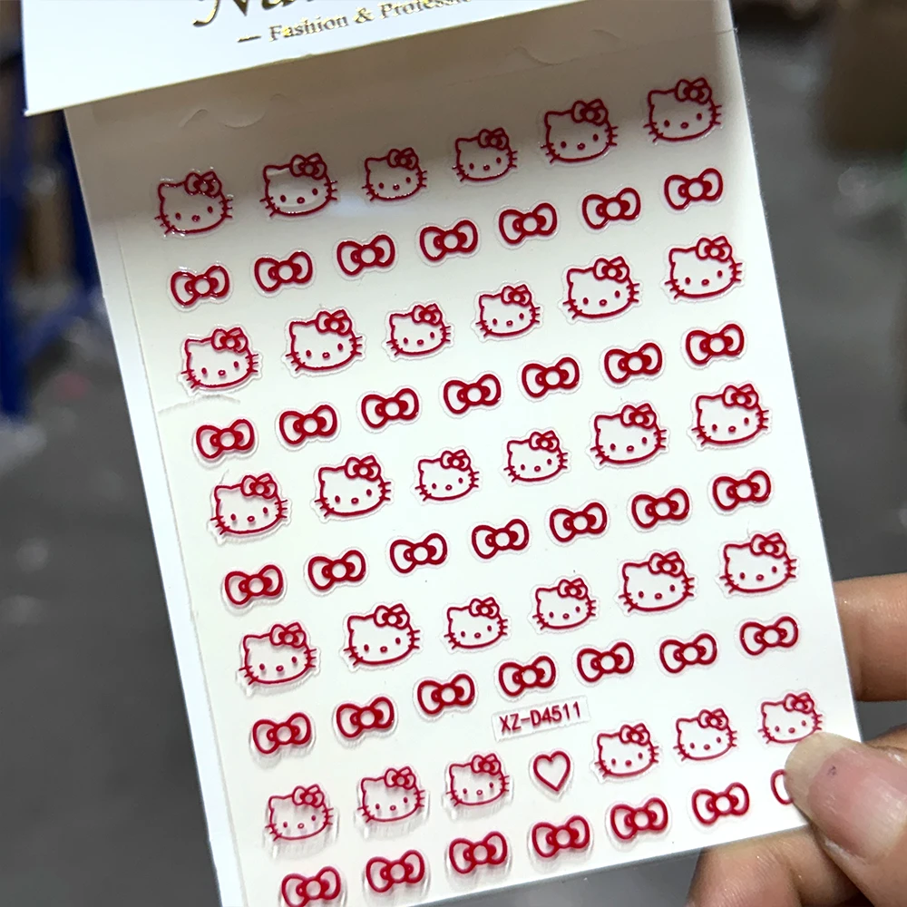 6 pezzi di adesivo per unghie giapponese Kawaii Bow HelloKitty rosa, bianco, nero, rosso, oro, argento Cartoon testa di gatto colla posteriore decalcomanie per unghie-_8