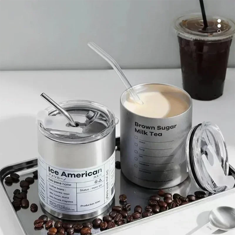 

Stainless Aesthetic Cold Steel Mug With Lid Coffee Espresso Cups Pretty Drinkware, Drink Items Straw Bar 600ml