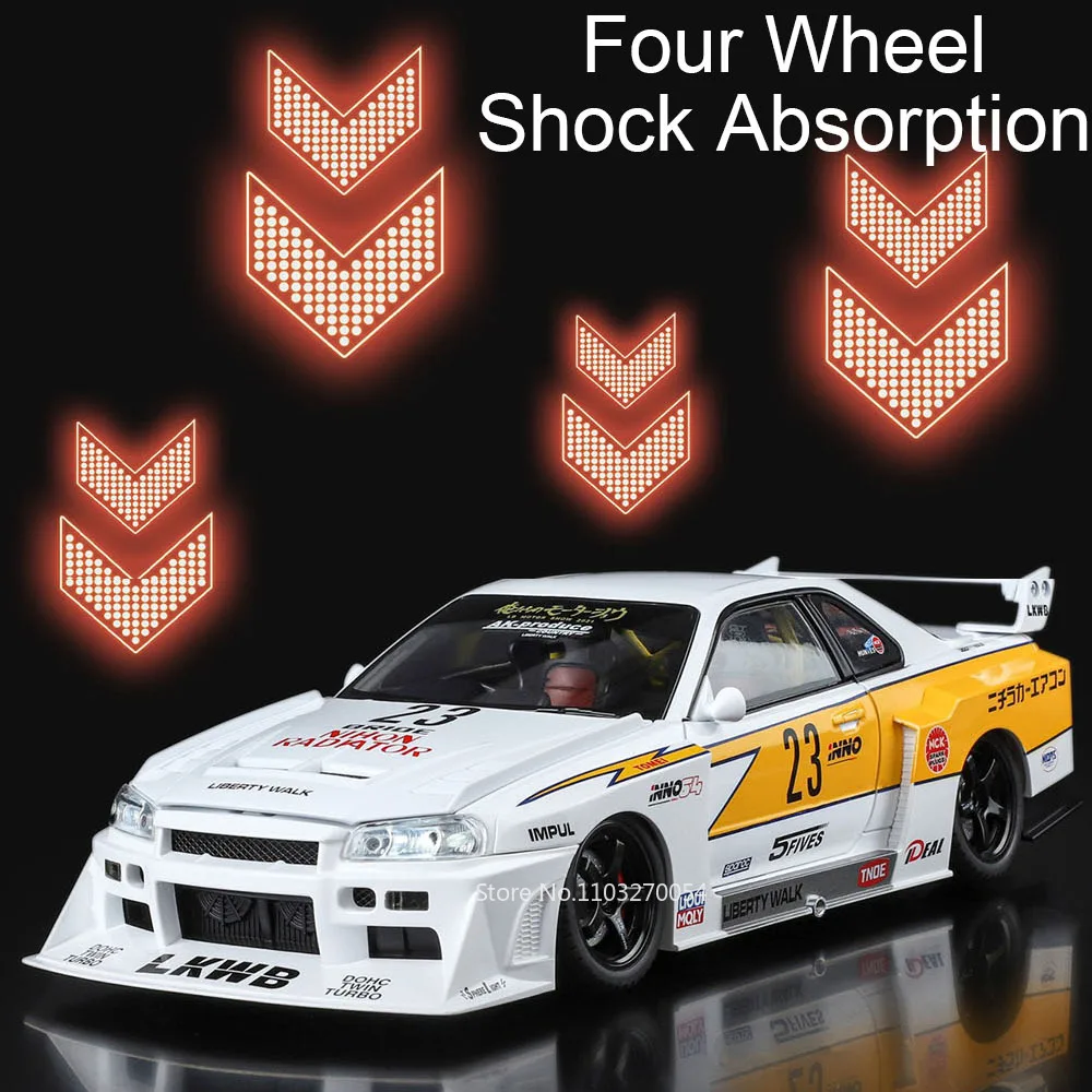 Large 1:18 GTR SKYLINE Alloy Car Diecast Model Toy Doors Opened  Sound Light Pull Back Miniature Vehcie Adult Boy Birthday Gifts